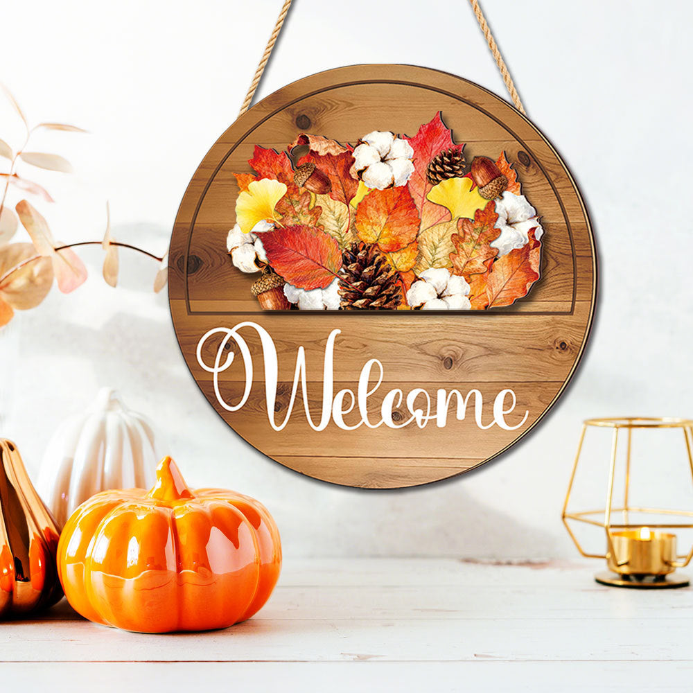 Round wooden interchangeable welcome sign with fall harvest cutout, autumn farmhouse front door decor