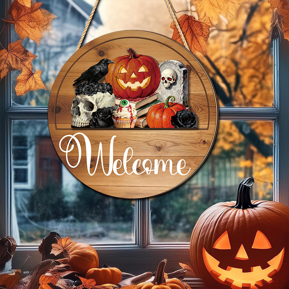 Natural wood interchangeable welcome sign with pumpkin Halloween cutout by window, fall porch decor