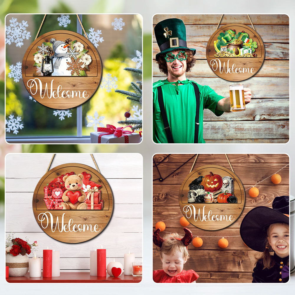 Round interchangeable welcome door sign for St Patrick’s Day, seasonal farmhouse home decor