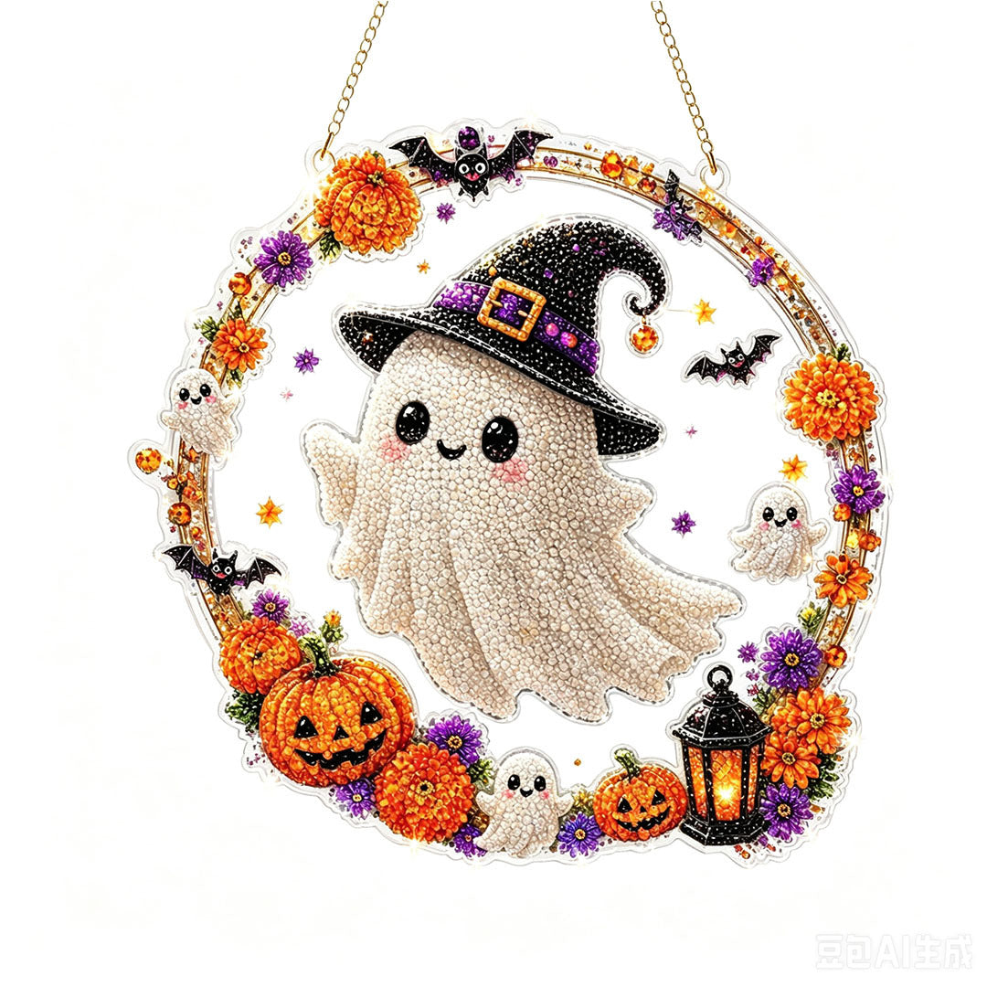 Kawaii ghost witch hat diamond wreath DIY Halloween craft ornament