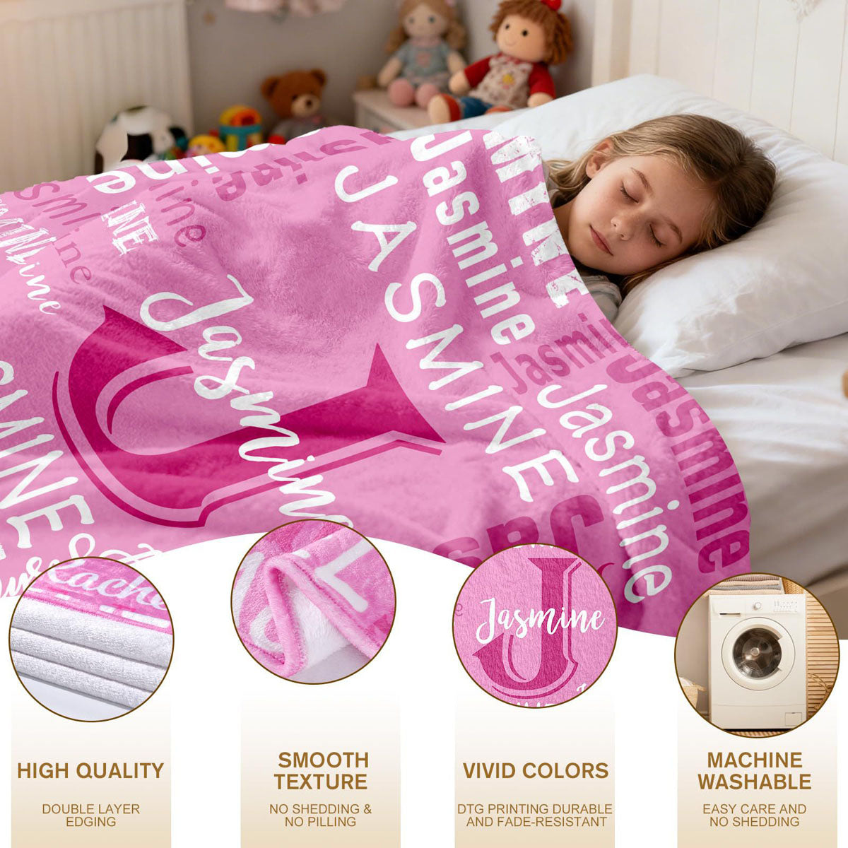 Child sleeping with custom name blanket bedroom scene color swatches