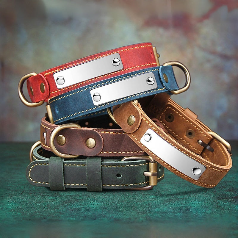 Layered display of all color vintage leather dog collars with blank engraving name plate, customizable anti-lost pet collar