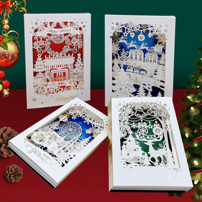 3D layered laser cut Christmas pop up card multi-color winter village scene collection