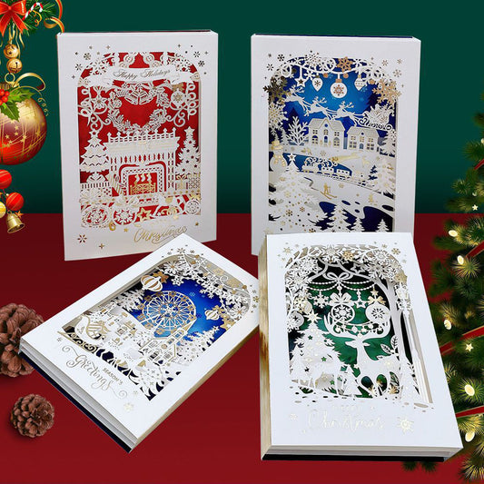 3D layered laser cut Christmas pop up card multi-color winter village scene collection