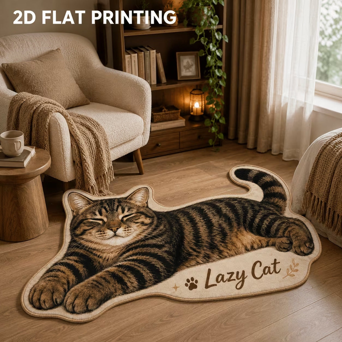Lazy cat custom photo shaped faux cashmere rug, personalized pet portrait floor mat home decor