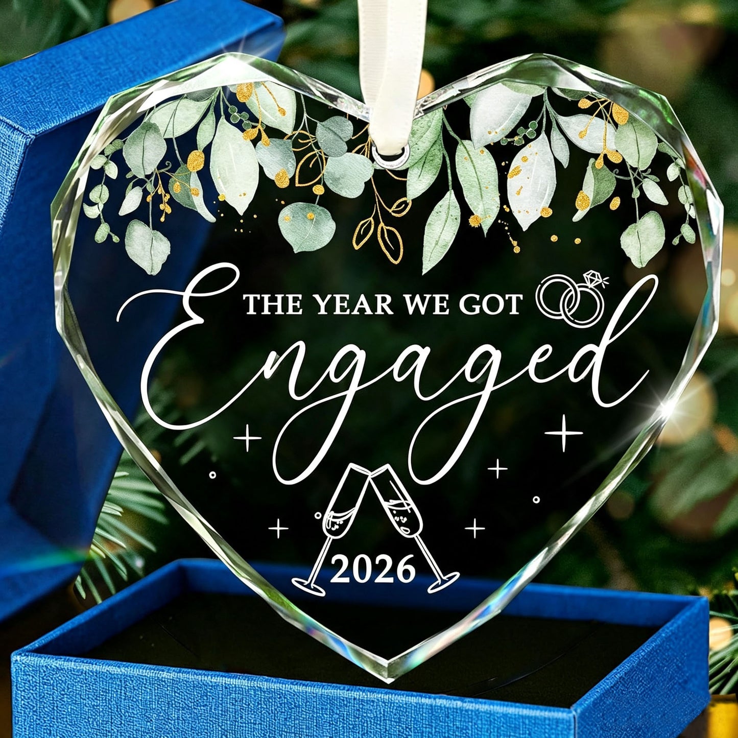 Eucalyptus leaf heart crystal engaged announcement ornament