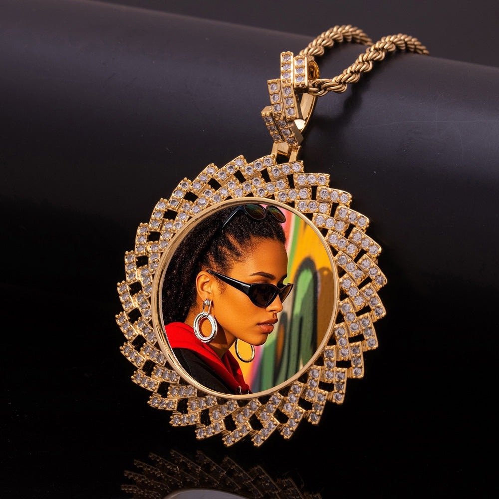 18K Gold Plated Geometric Square Cubic Zirconia Custom Photo Medallion Necklace Iced Portrait Pendant With Twist Rope Chain Hip Hop Jewelry
