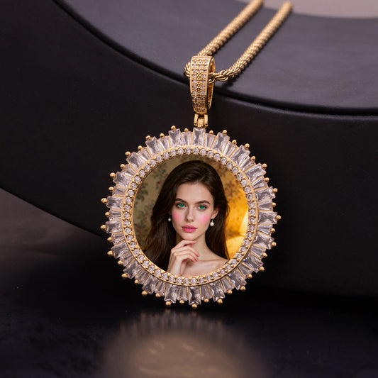 18K Gold Plated Sunburst Baguette Cubic Zirconia Custom Photo Medallion Necklace Personalized Portrait Memory Pendant with Twist Rope Chain