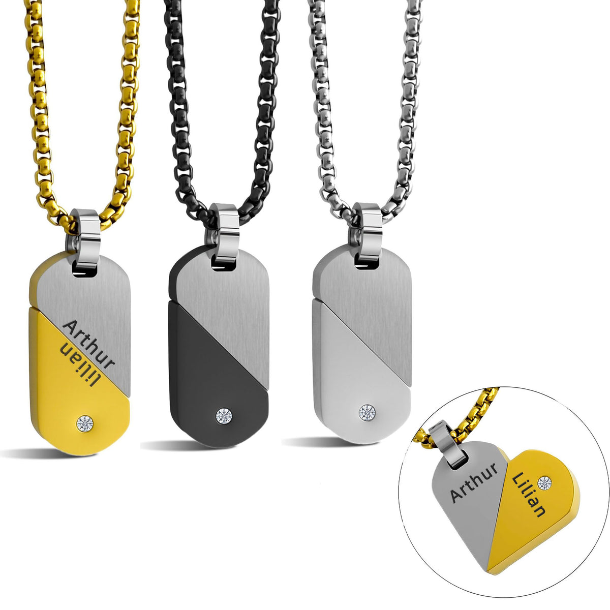 1. Two Tone Split Heart Dog Tag Couple Necklace Personalized Custom Engraved Name Stainless Steel Matching Jewelry 4 Color Options Gold Silver Black Rose Gold