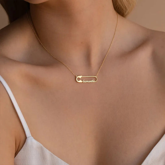 14K Gold Plated Custom Safety Pin Name Necklace Dainty Personalized Script Name Pendant for Women Daily Wear
