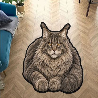 Custom Maine Coon cat portrait faux cashmere shaped rug, personalized pet photo floor mat