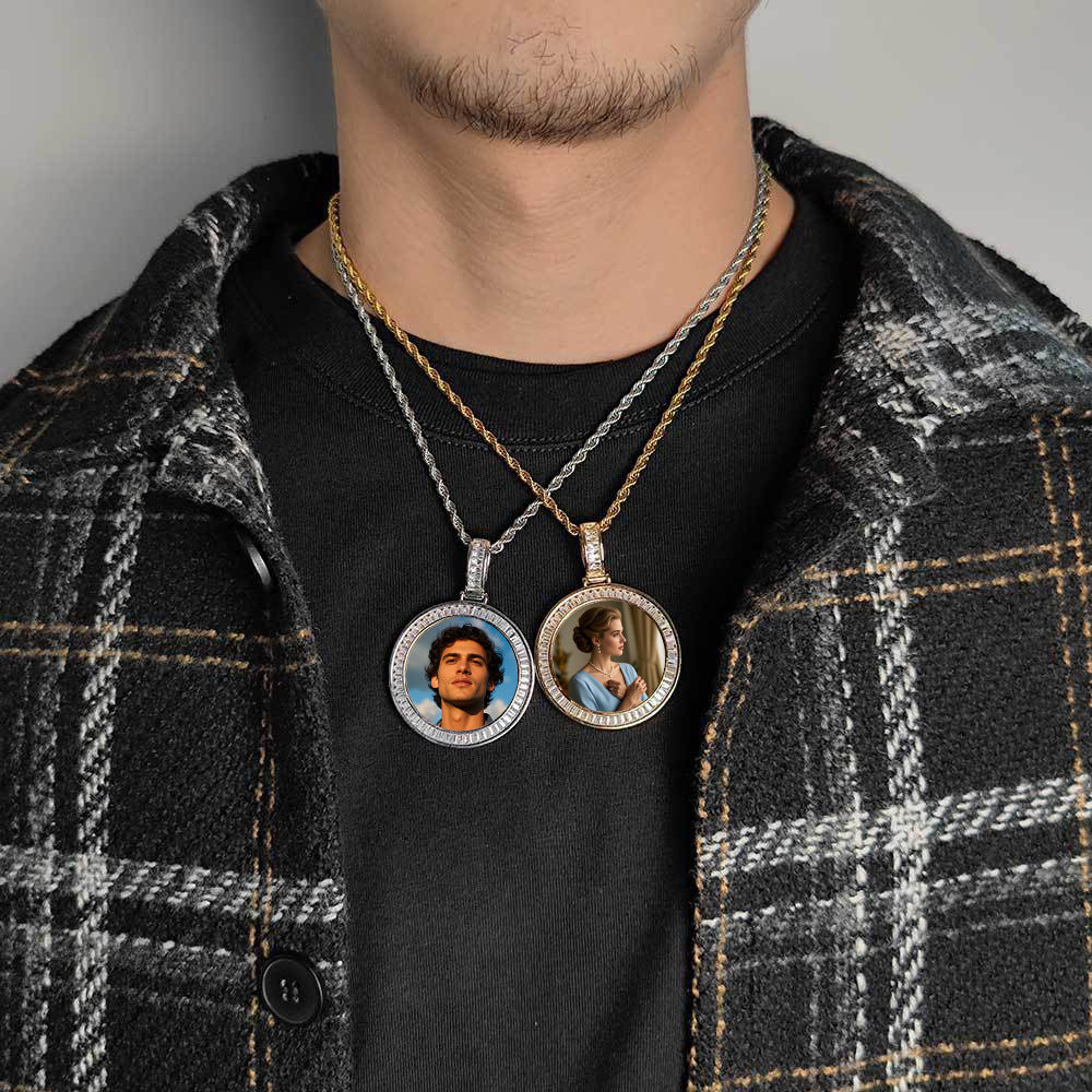 Men Layered Stacked Outfit Wearing Effect Baguette CZ Framed Round Custom Photo Necklace Unisex Hip Hop Streetwear Memory Jewelry