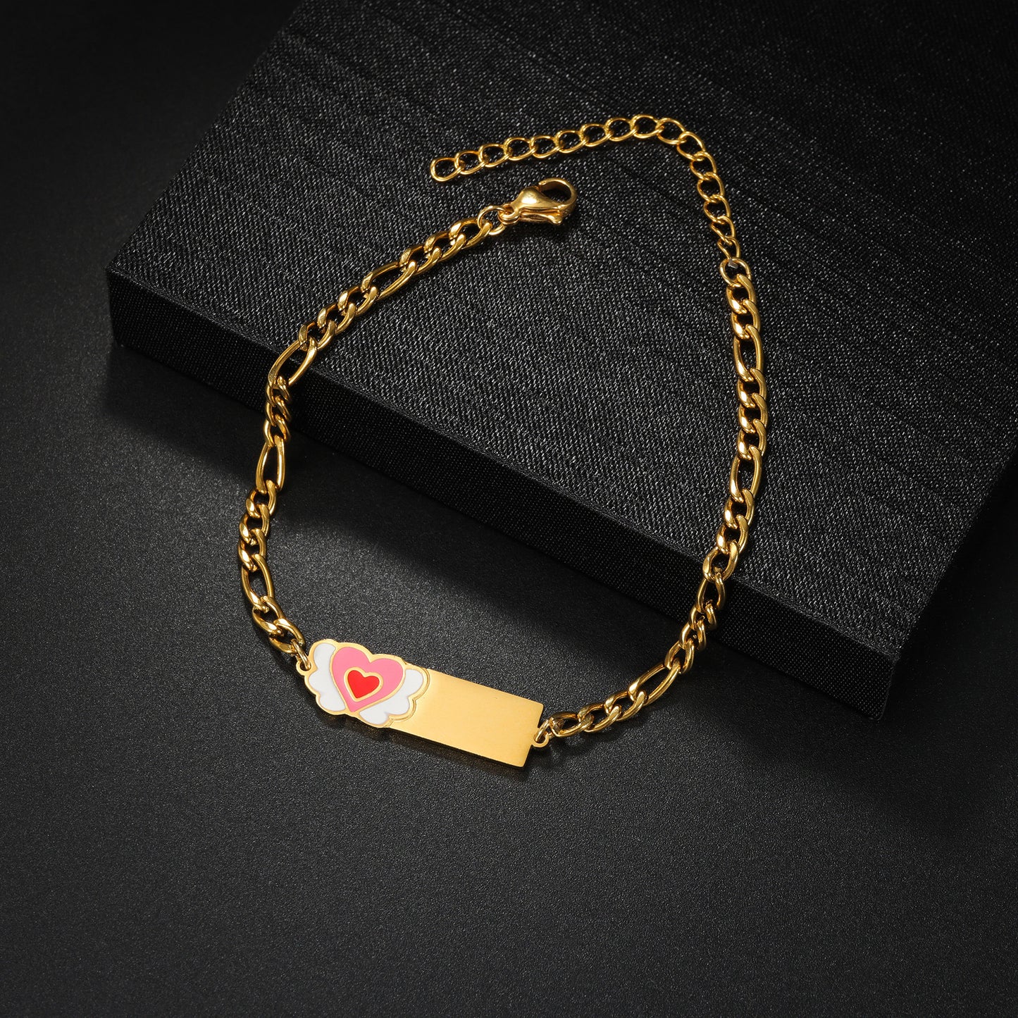 Tiny pink heart enamel charm custom engraved gold name bar bracelet, lightweight dainty women wrist band