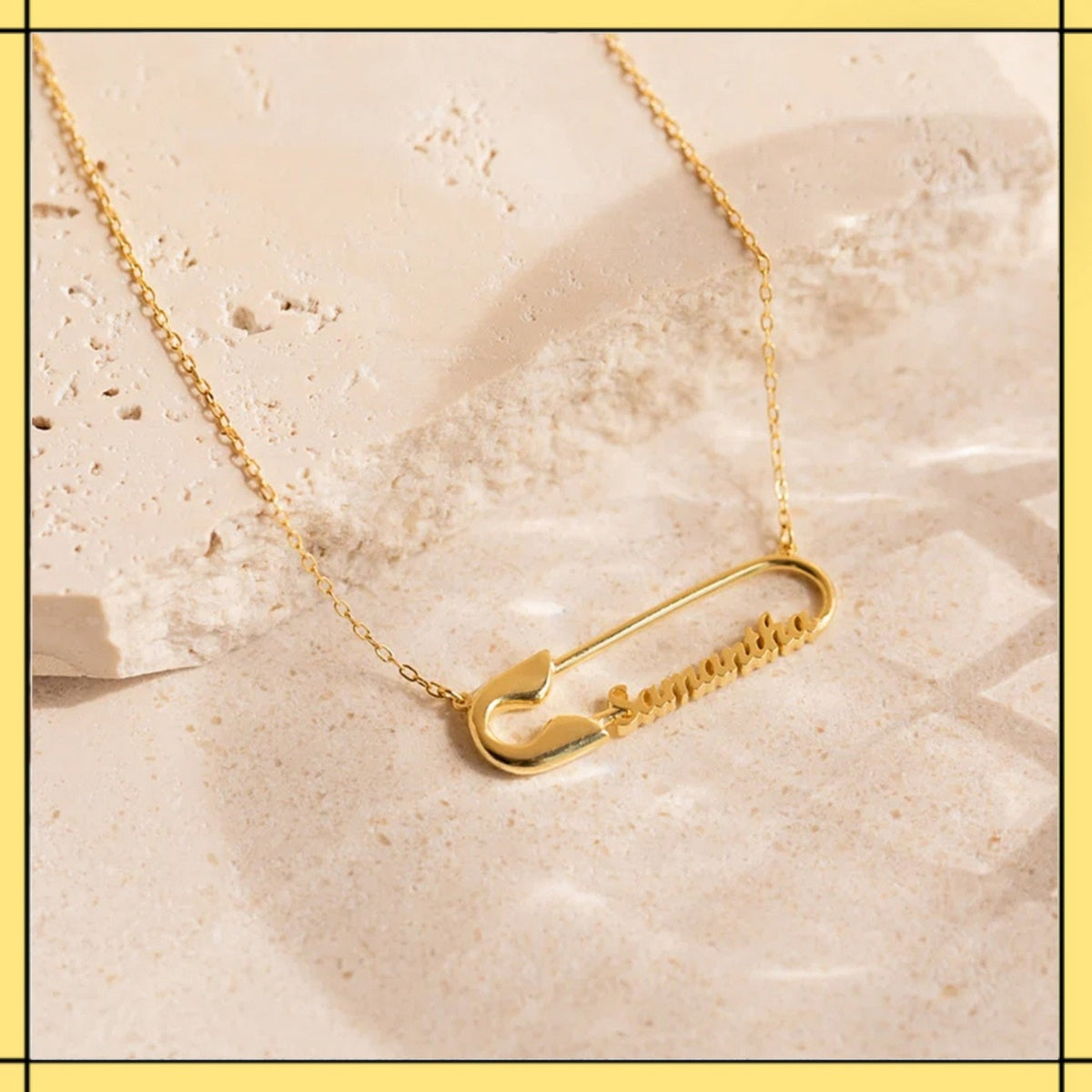 Flat Lay Minimalist Gold Custom Safety Pin Name Pendant Personalized Script Name Jewelry Aesthetic