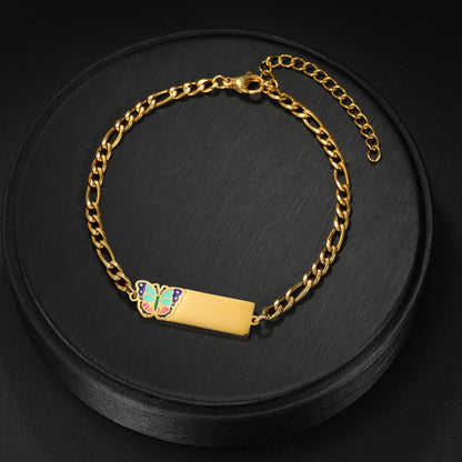 Mixed fruit enamel charm personalized gold name bar bracelet, custom engraved adjustable paperclip chain wrist jewelry