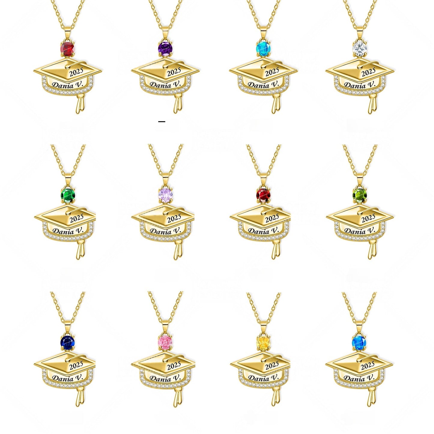 Full set of gold brass graduation necklaces equipped with different colored cubic zirconia birthstones