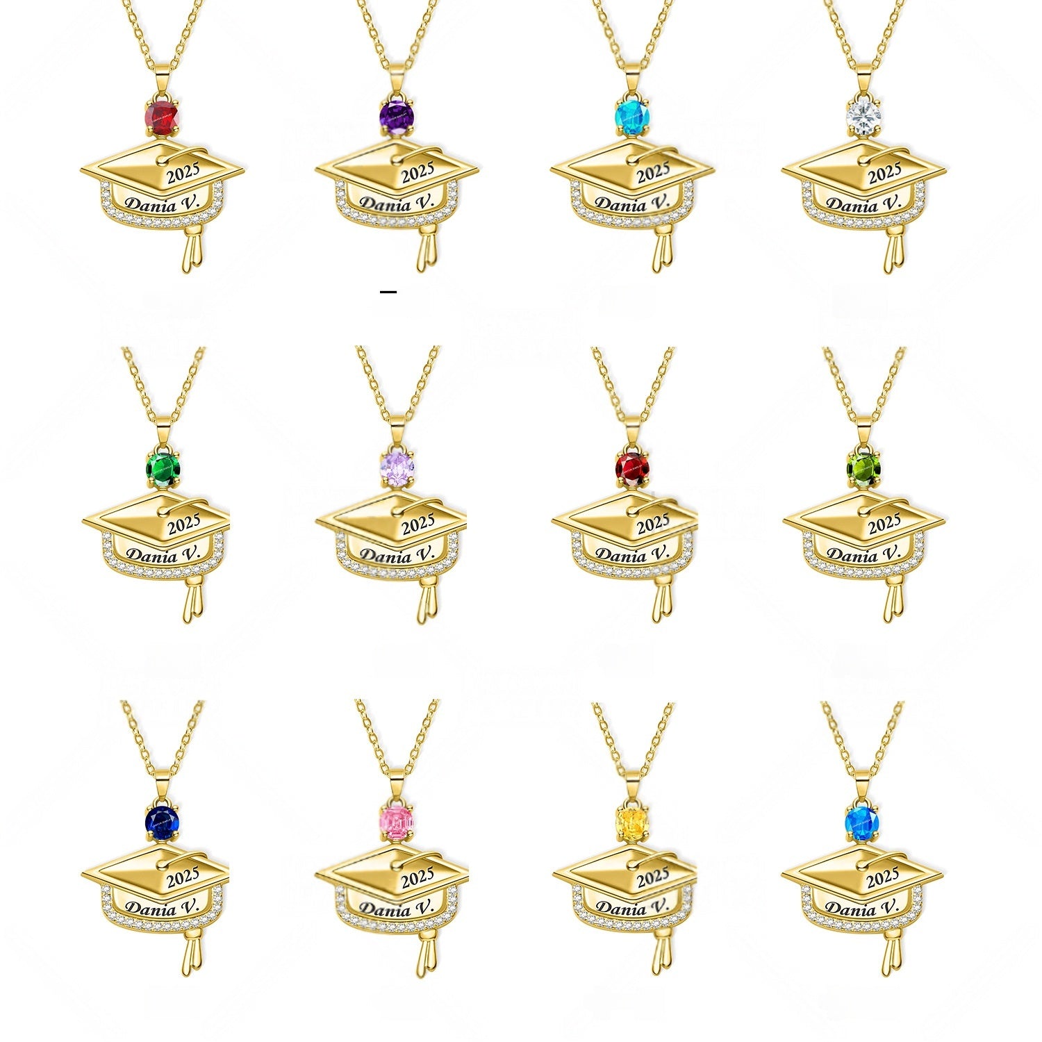 Full set of gold brass graduation necklaces equipped with different colored cubic zirconia birthstones