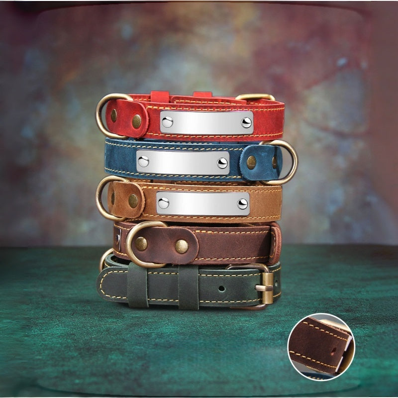 Top view stacked vintage leather dog collars with engraving name tags, full color personalized pet collar set