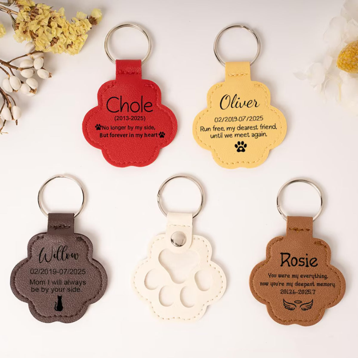 Multi Color Custom Paw Leather Pet Keychain Variety Set, Cat Dog Memorial Gift