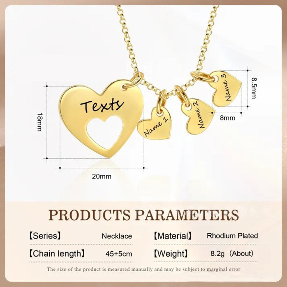 Size parameter chart of custom engraved hollow multi heart name necklace stainless steel pendant