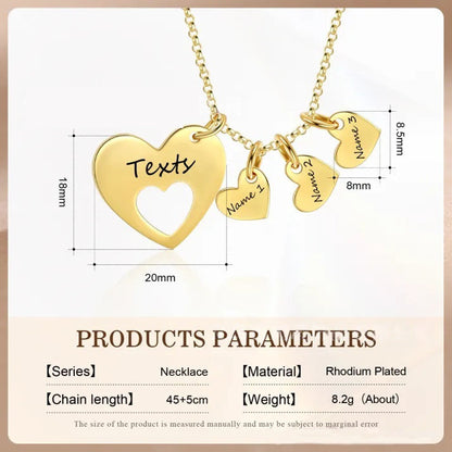 Size parameter chart of custom engraved hollow multi heart name necklace stainless steel pendant