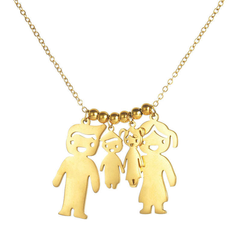Gold personalized family name necklace with multiple kid silhouette charms custom engraved children pendant