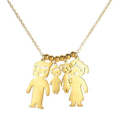 Gold personalized family name necklace with multiple kid silhouette charms custom engraved children pendant