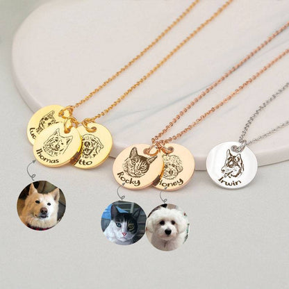 Custom engraved round disc necklace with real pet photos, mixed gold silver rose gold portrait charms