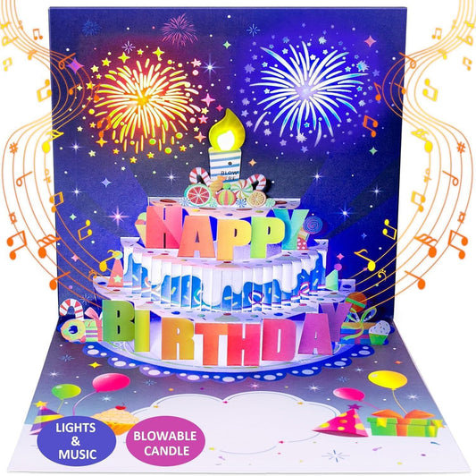 Light & Music 3D Birthday Cake Pop Up Card with auto LED candle and fireworks lights, birthday popup greeting card