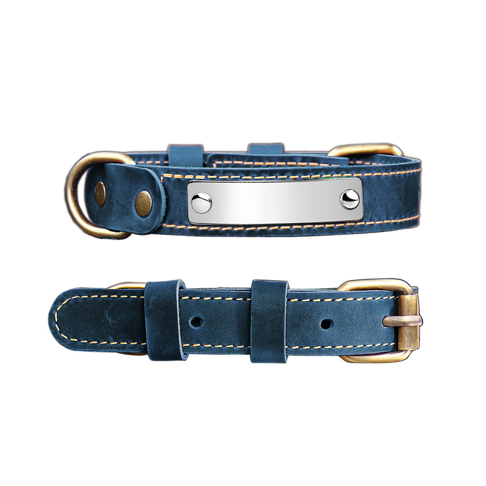 Navy blue vintage leather dog collar with engraving name tag, adjustable personalized pet ID collar for daily walking