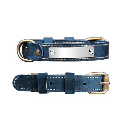Navy blue vintage leather dog collar with engraving name tag, adjustable personalized pet ID collar for daily walking