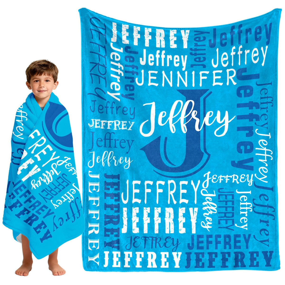 Blue custom name initial blanket for boys kids wearable photo
