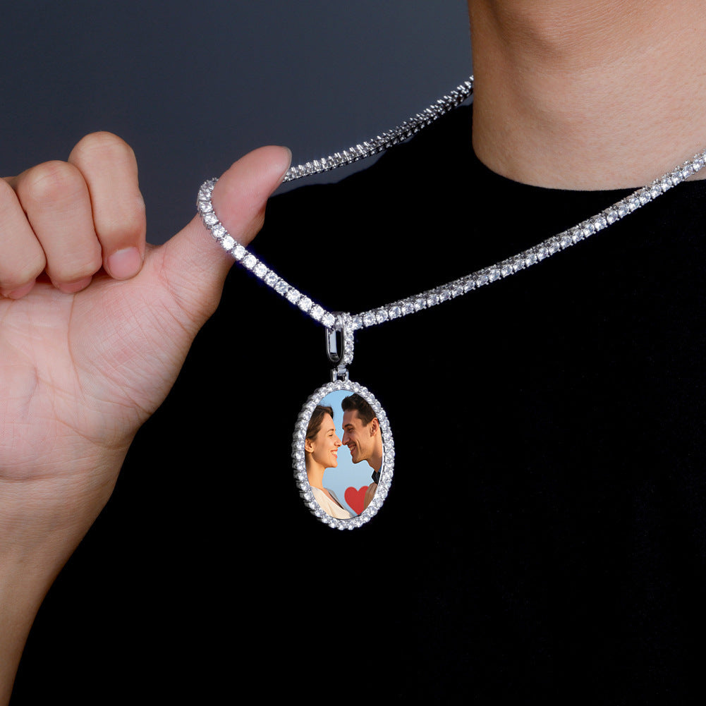 Female Neck Wearing Display Pave CZ Framed Oval Custom Photo Necklace Single Wear Delicate Sentimental Jewelry