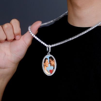 Female Neck Wearing Display Pave CZ Framed Oval Custom Photo Necklace Single Wear Delicate Sentimental Jewelry