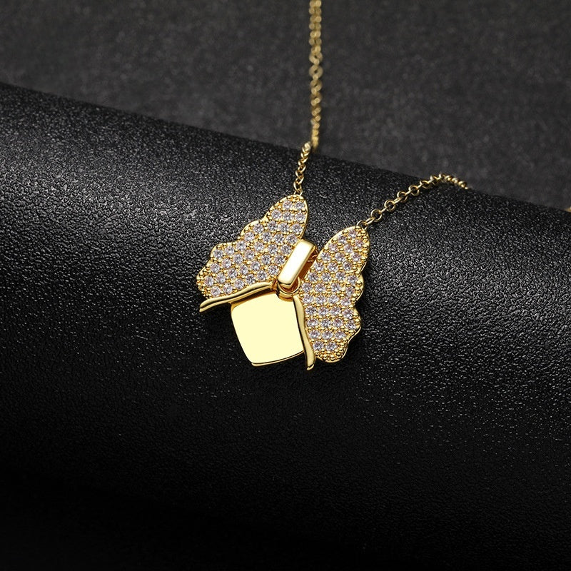 Open Gold Brass Butterfly Locket Necklace Blank Interior Plate for Laser Engraving Bereavement Remembrance CZ Jewelry