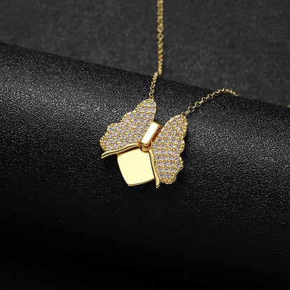 Open Gold Brass Butterfly Locket Necklace Blank Interior Plate for Laser Engraving Bereavement Remembrance CZ Jewelry