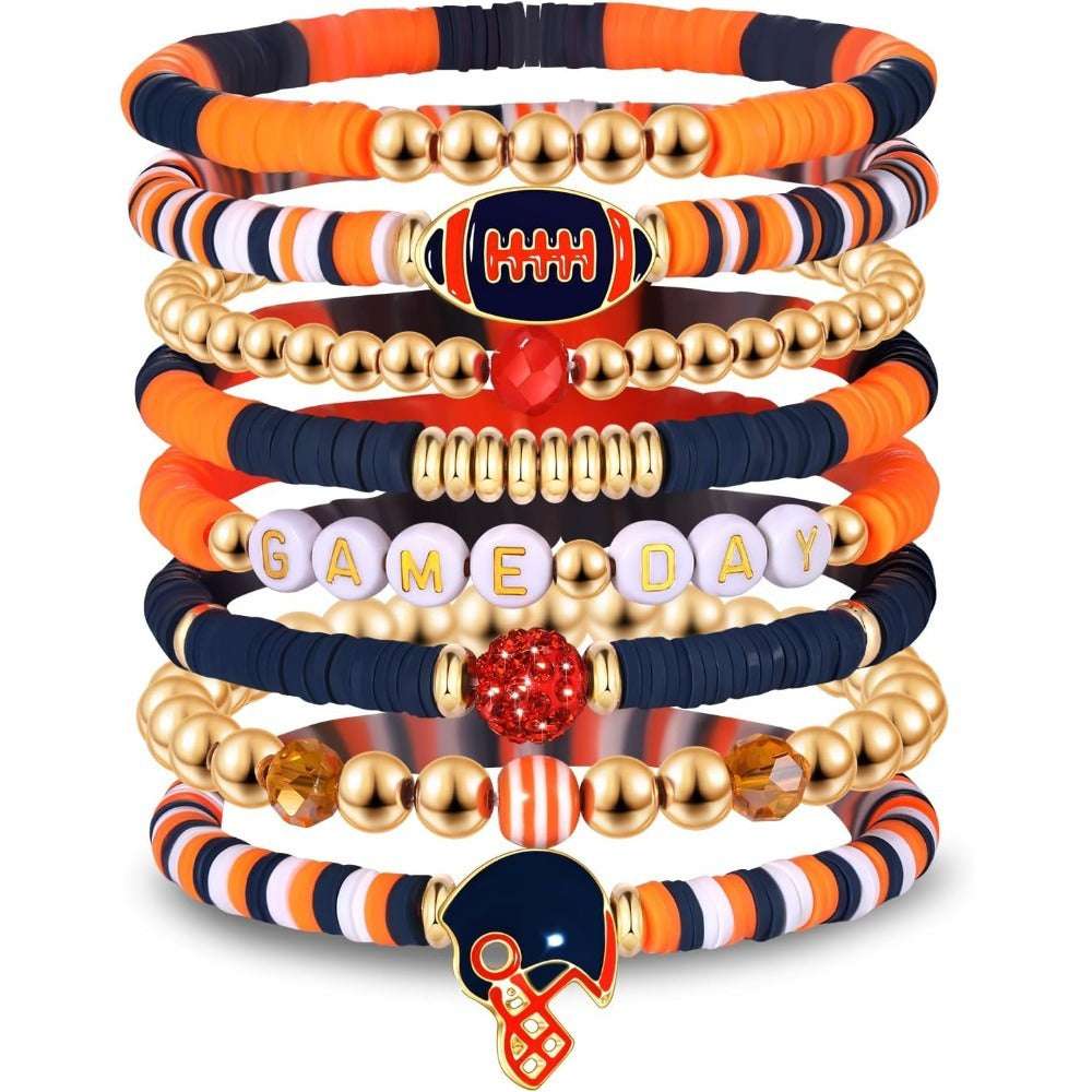Orange Black Game Day Beaded Bracelet Stack, 8Pcs Sports Fan Bracelets