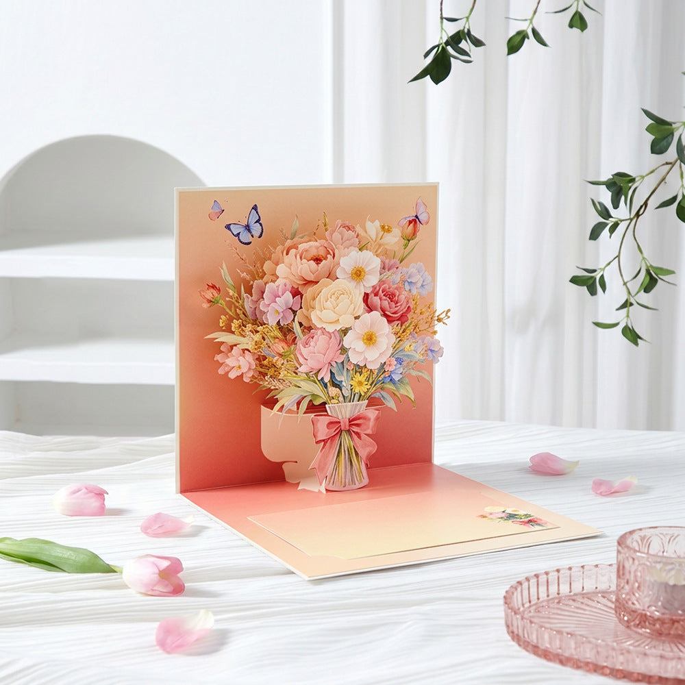 Peach flower bouquet pop up card bedroom lifestyle photo