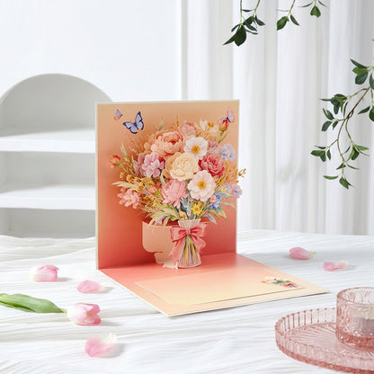 Peach flower bouquet pop up card bedroom lifestyle photo