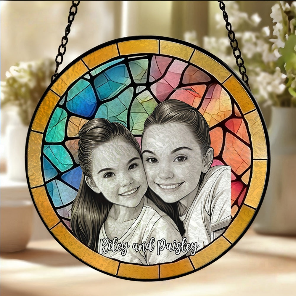 Orange round stained glass suncatcher personalized with sisters portrait, sentimental family hanging gift
