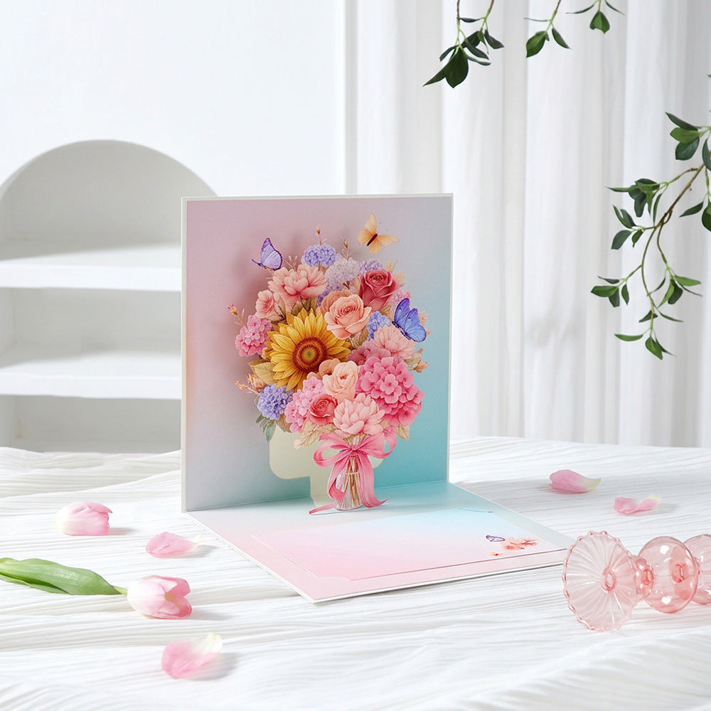 Pastel flower vase 3D pop up card with rose petals decor