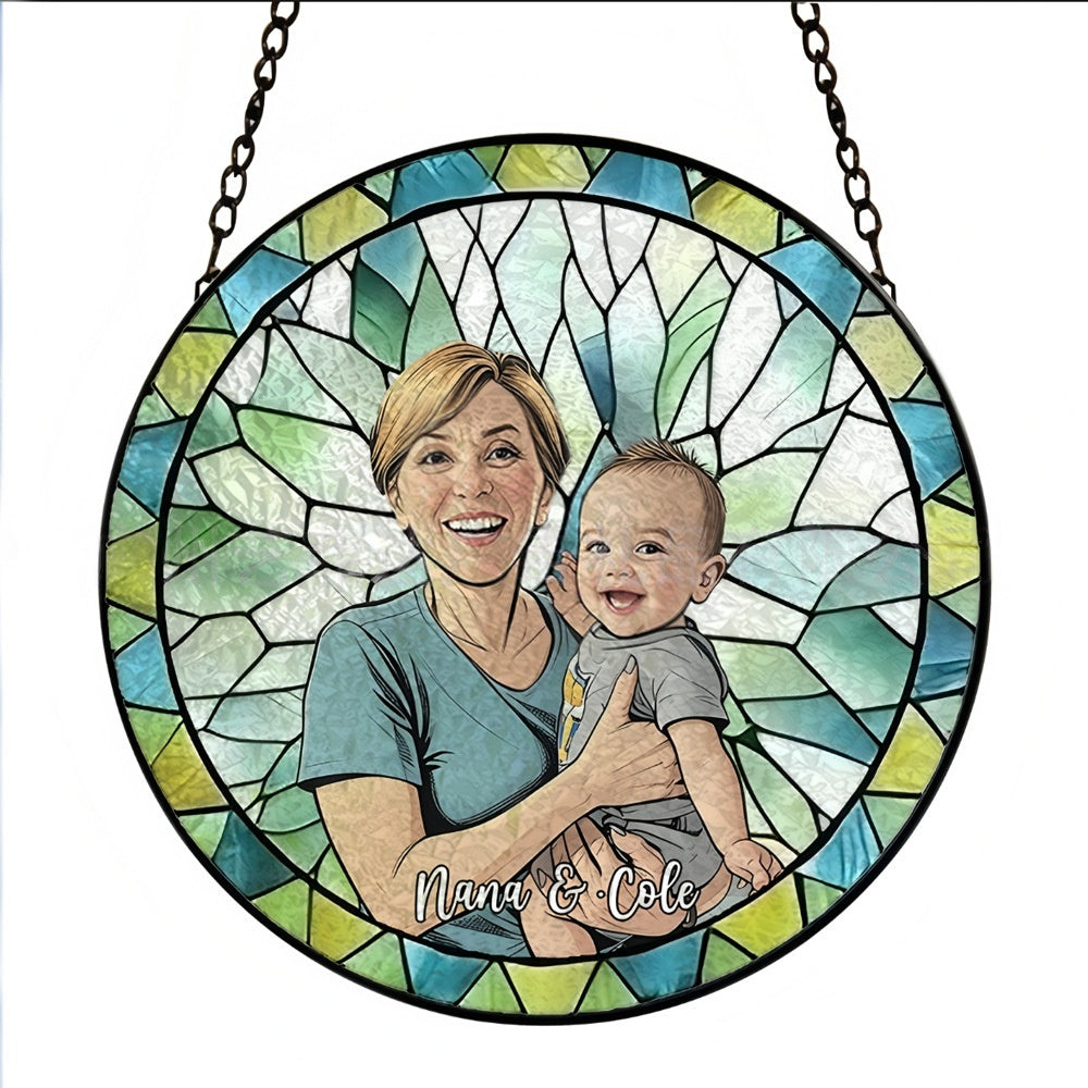 Pastel green stained glass custom photo suncatcher, mom and baby portrait personalized window sun ornament