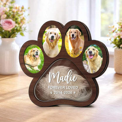 Custom paw shaped pet memorial frame with fur compartment