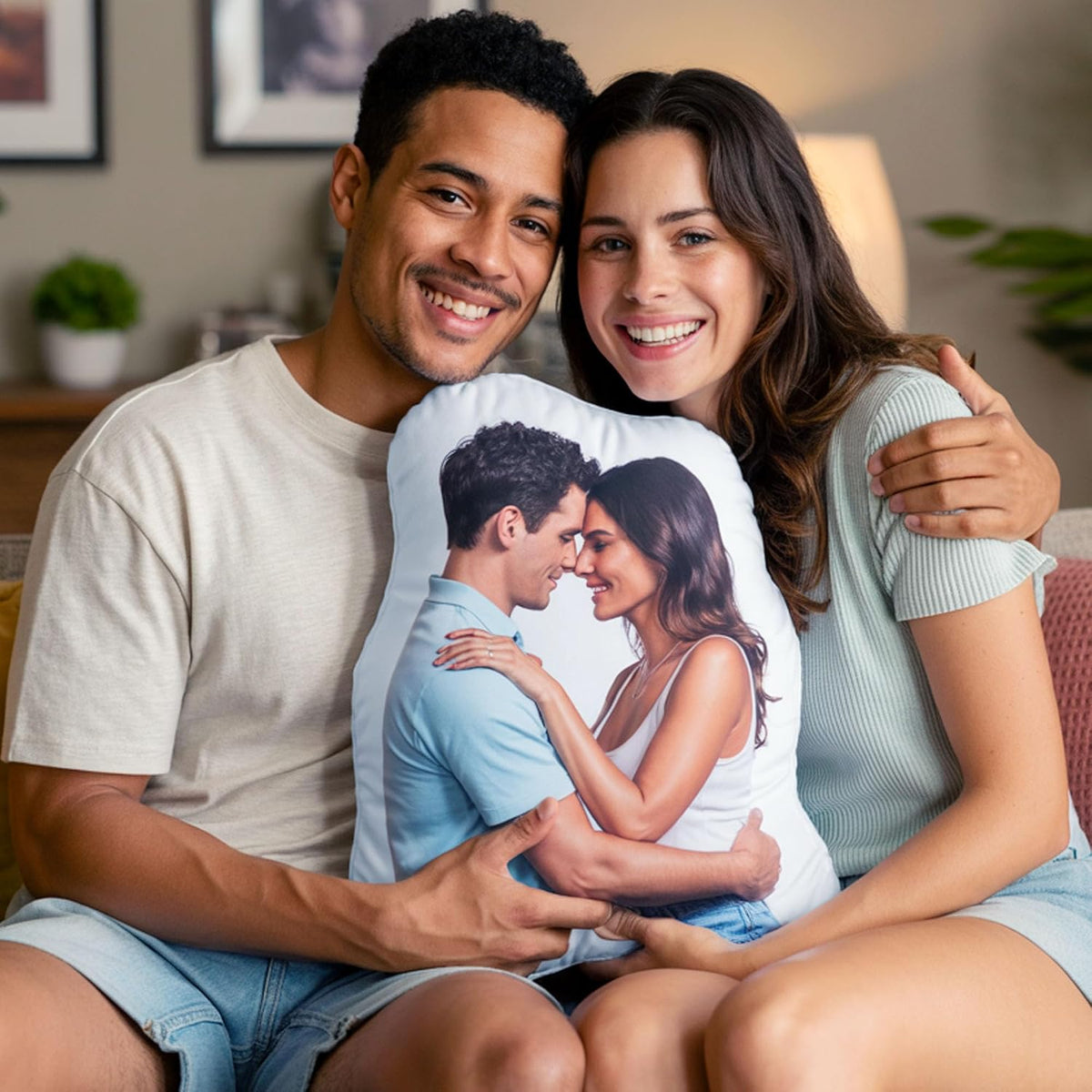 Couple lifestyle scene with custom personalized face throw pillow home use