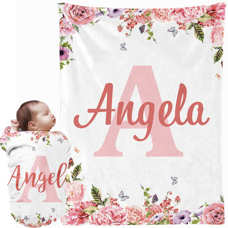 Personalized floral monogram baby blanket custom name Angela soft flannel newborn swaddle keepsake blanket for baby girl nursery decor