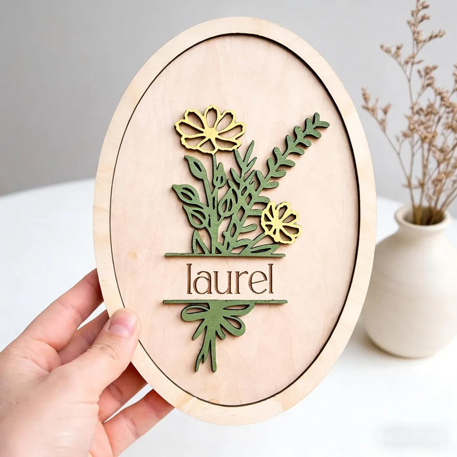 Personalized floral oval wooden custom name wall sign