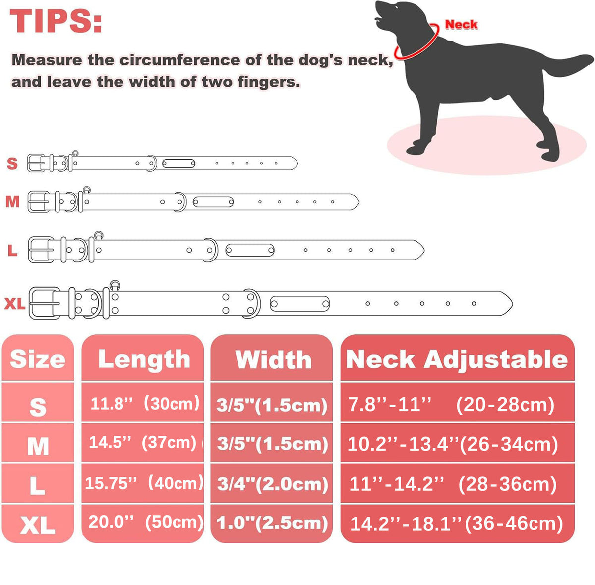 Dog collar size measurement chart, S M L XL size guide for personalized rhinestone leather dog collar, how to measure dog neck circumference