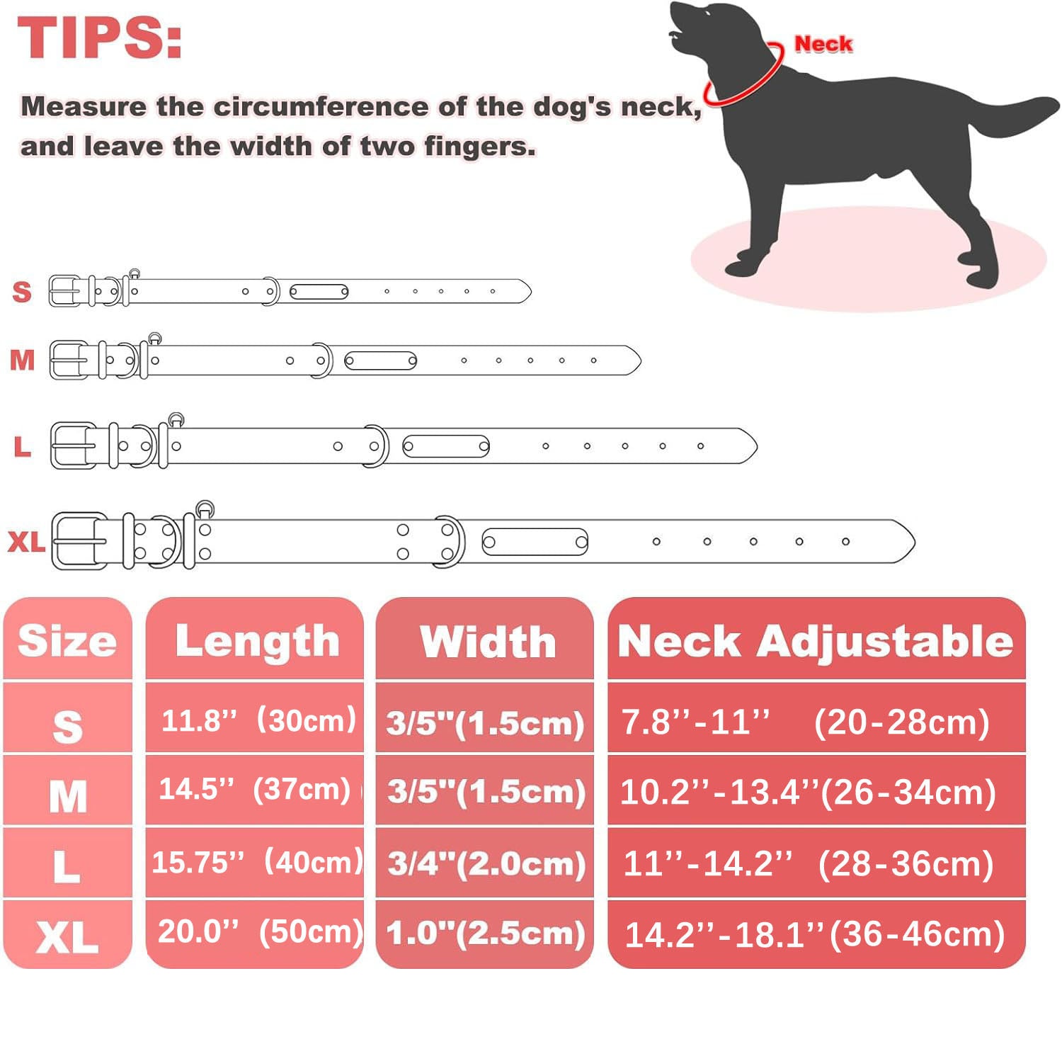 Dog collar size measurement chart, S M L XL size guide for personalized rhinestone leather dog collar, how to measure dog neck circumference