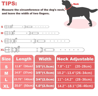 Dog collar size measurement chart, S M L XL size guide for personalized rhinestone leather dog collar, how to measure dog neck circumference