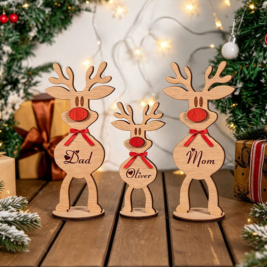 Personalized wooden reindeer family figurines custom name Christmas table decor